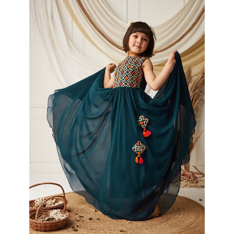 Multicolored-Base-Teal Round-Neck Sleeveless Embroidered Flared Polyester Maxi Dress 4-5Y Teal