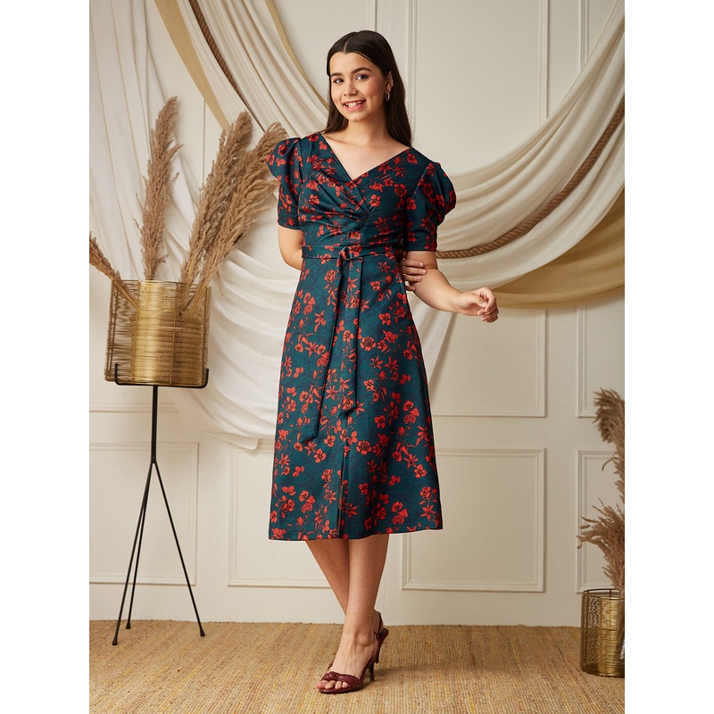 Multicolored-Base-Teal V-neck Puff Sleeve Floral Wrap Midi Dress 14-15Y Multicolored
