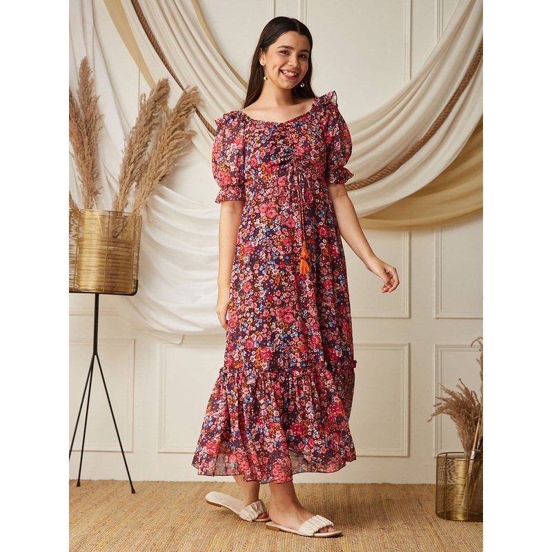 Multicolored-Base-Wine V-Neck Puff Sleeve Floral Ruching Ankle-Length Dress 14-15Y Multicolored