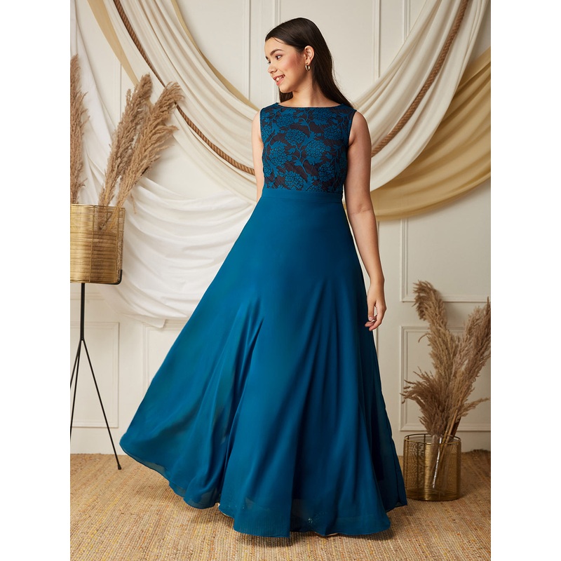 Royal Blue Round-Neck Sleeveless Floral Lace-Overlaid Fit & Flare Georgette Maxi Dress 14-15Y Blue