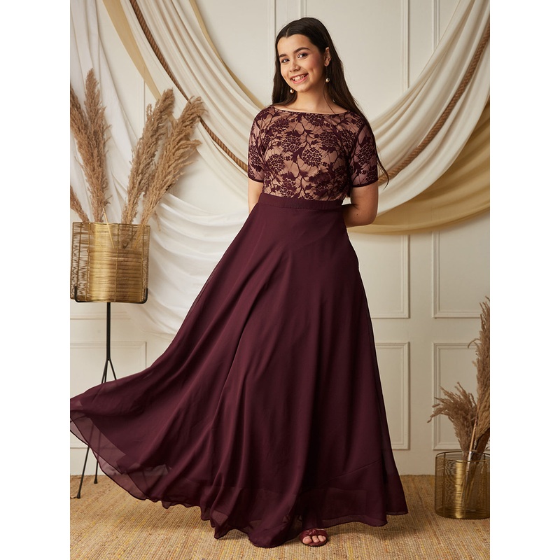 Wine & Beige Relaxed Fit  Georgette Maxi Dress 12-13Y Wine