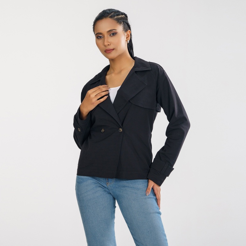 Women Black Short Trench Coat S BLACK