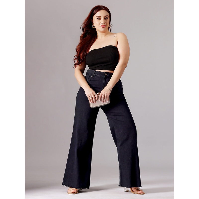 Women’s Black High-Rise Clean-Look Stretchable Wide-Leg Denim Jeans 24 Black