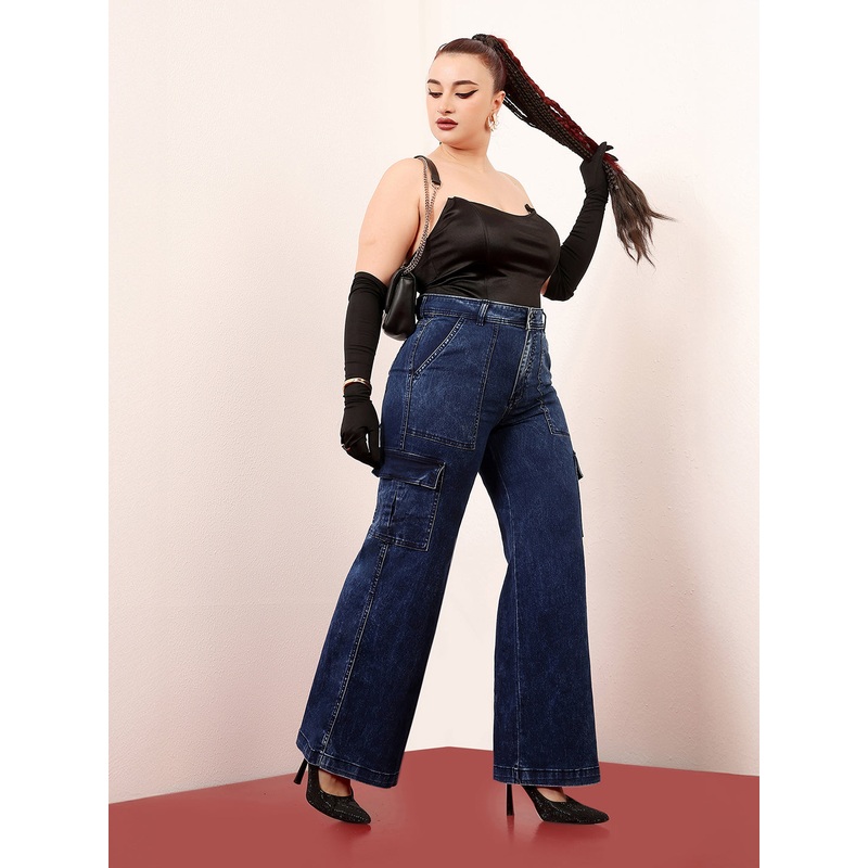 Women’s Blue Wide-Leg High-Rise Clean-Look Stretchable Denim Cargo Jeans 26 Blue