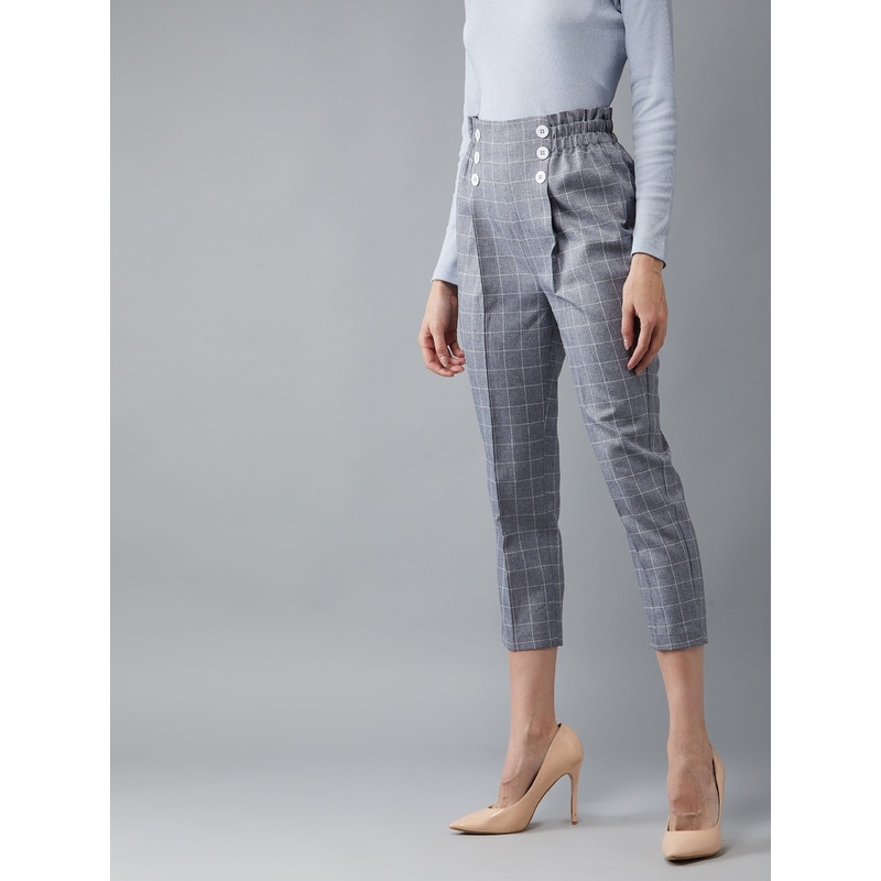 Women’s Grey & White Polycotton Checkered Gathered/Pleated Cropped Trouser XS Multicolor