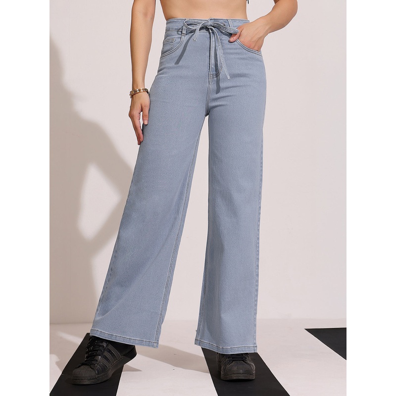 Women’s Light Blue High-Rise Wide Leg Stretch Denim Jeans with Tie-Up Waist 26 Blue