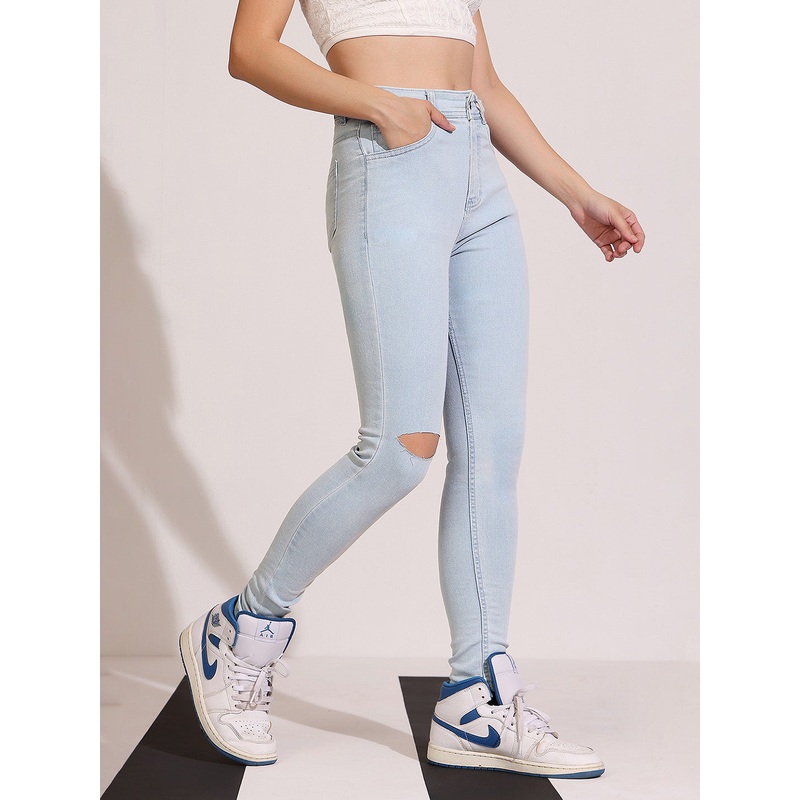 Women’s Light Blue Skinny High-Rise Distressed Regular Denim Jeans 26 Light Blue