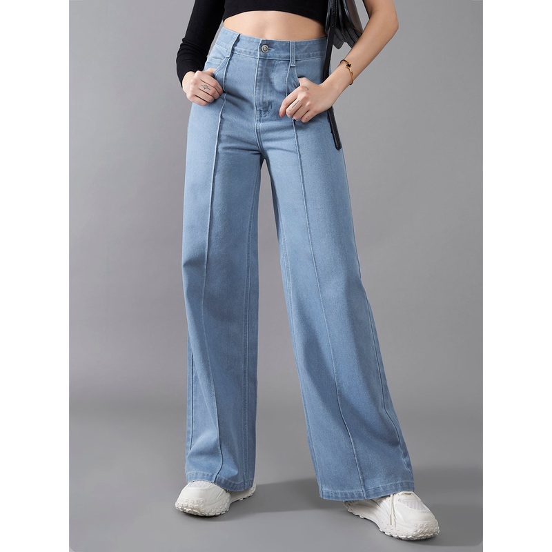 Women’s Light Blue Straight-Fit High-Rise Clean-Look Regular-Length Non-Stretchable Denim Jeans 26 Blue