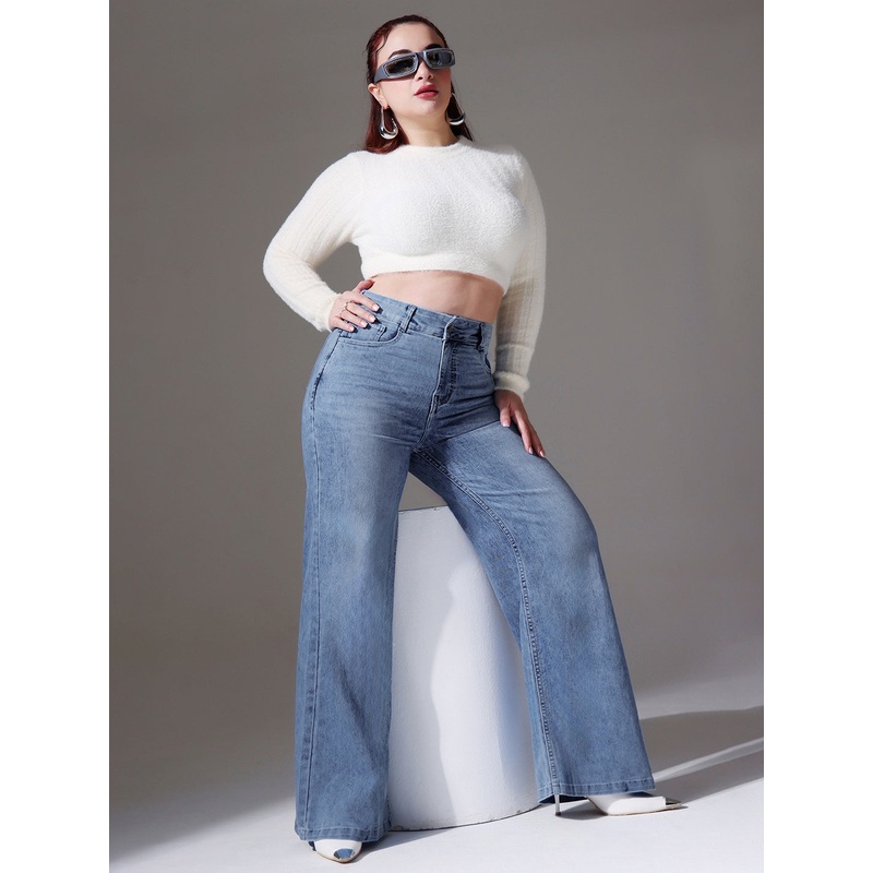 Women’s Light Blue Wide-Leg High-Rise Clean-Look Stretchable Denim Jeans 26 Light Blue