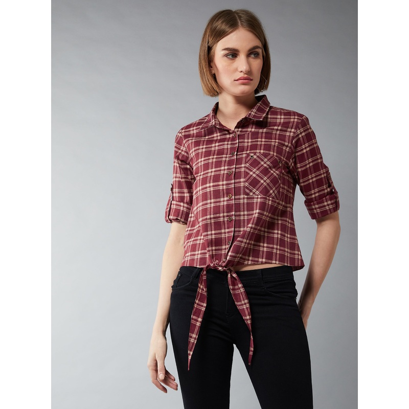 Women’s Multicolor-Base Maroon Collared Neck Full Sleeves Checkered Knot Shirt XS Multicolor