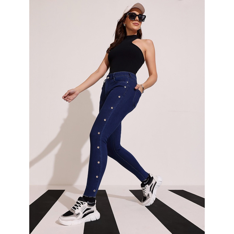 Women’s Navy Blue Skinny Fit Mid Rise Cropped Length Eyelet Detailing Denim Stretchable Jeans 26 Navy Blue