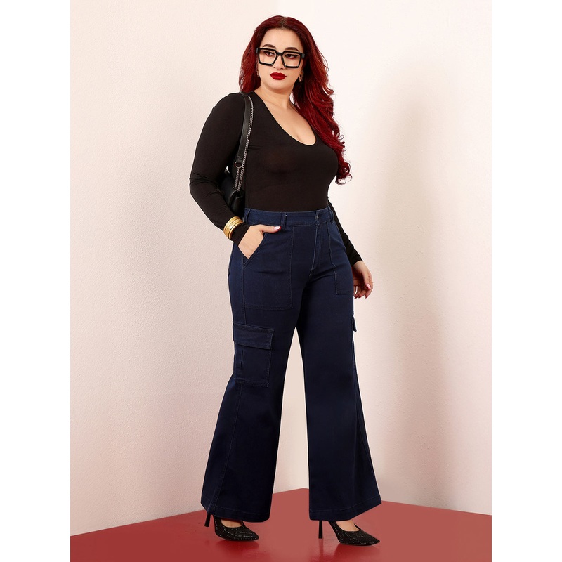 Women’s Navy Blue Wide-Leg High-Rise Clean-Look Stretchable Cargo Denim Jeans 26 Navy Blue