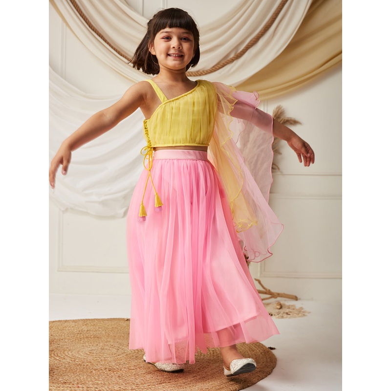 Yellow & Pink One Shoulder Ruffled Solid Tie-Up Midi Dress 3-4Y Pink