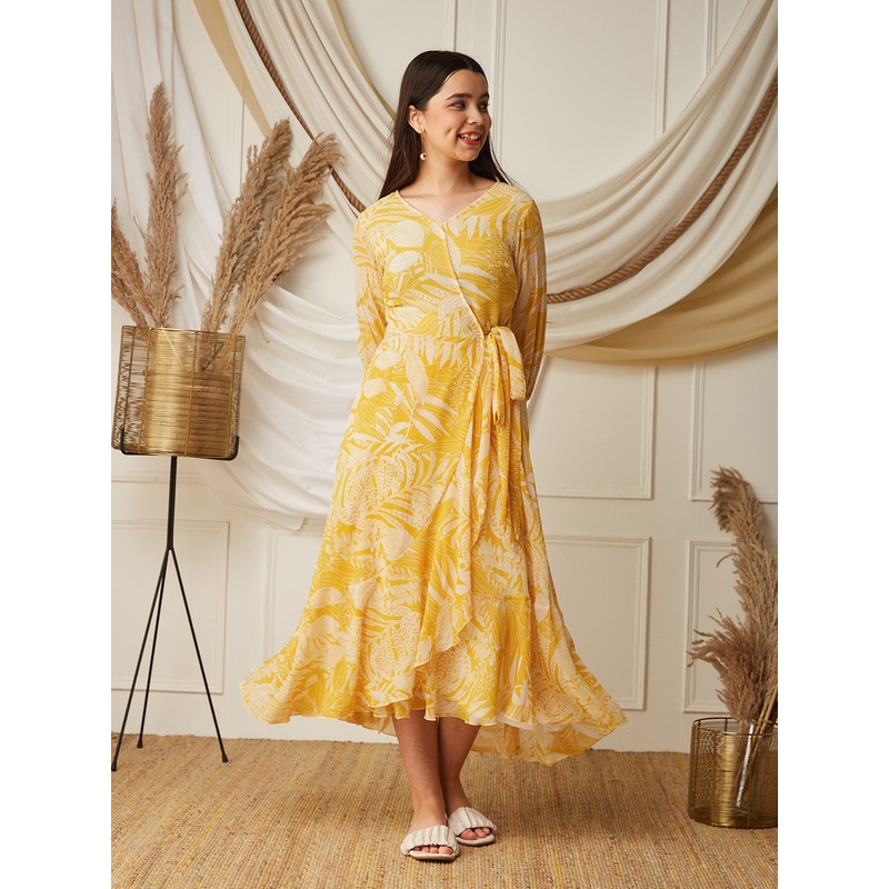 Yellow & White V neck Full sleeve Floral Layered Maxi Dress 14-15Y Yellow & White