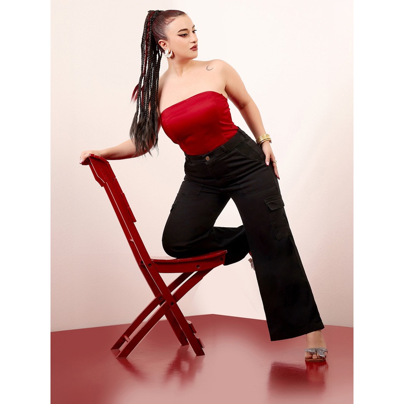 24/7 Comfort Black Wide-Leg High-Rise Clean-Look Stretchable Denim Cargo Jeans 26 Black