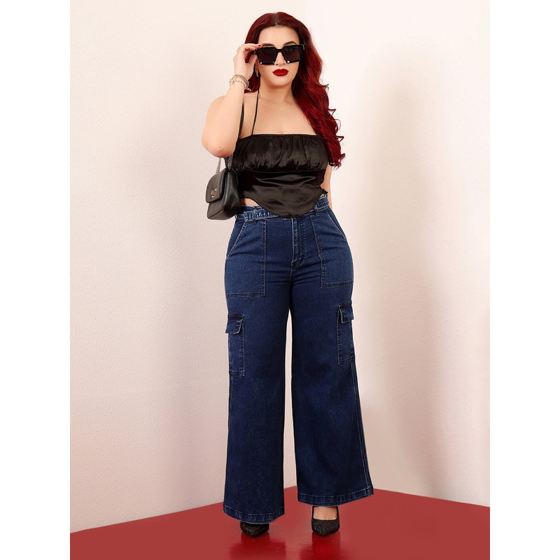 24/7 Comfort Blue Wide-Leg High-Rise Clean-Look Stretchable Cargo Denim Jeans 26 Blue
