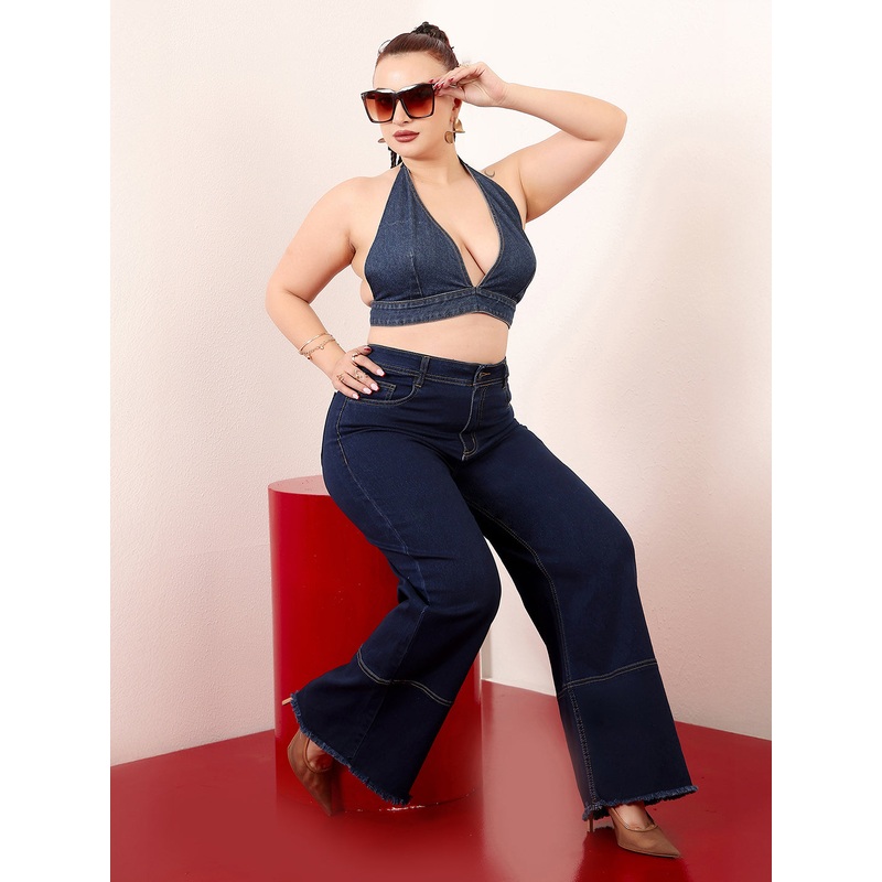 24/7 Comfort Navy Blue Wide-Leg High-Rise Clean-Look Stretchable Denim Jeans 26 Navy Blue