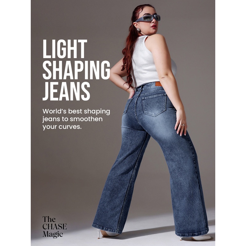 CHASEShape Light Blue Wide-Leg High-Rise Clean-Look Regular-Length Stretchable Denim Jeans 26 Mid-Blue