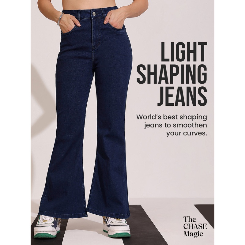 CHASEshape Navy Blue Bootcut High Rise Clean Look Regular Length Stretchable Shaping Denim Jeans 26 Navy Blue