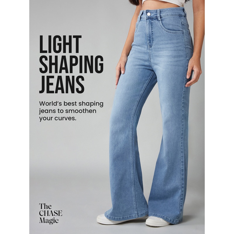 CHASEshape Women’s Light Blue High Rise Clean Look Regular Stretchable Denim Bootcut Shaping Jeans 26 Blue