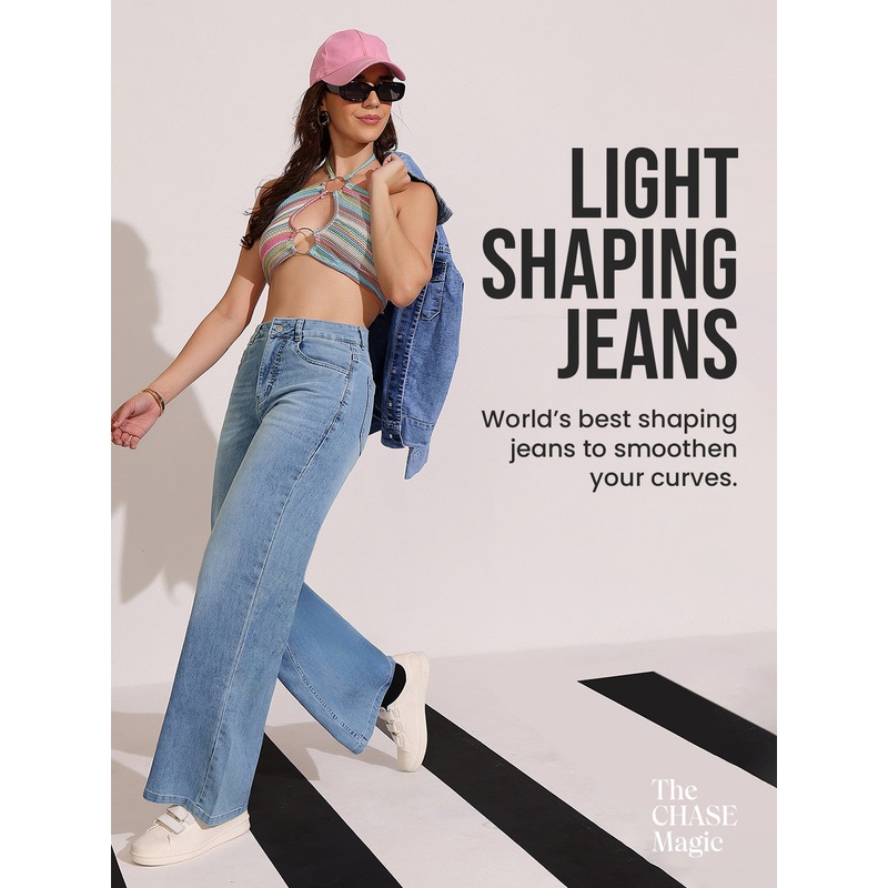 CHASEshape Women’s Light Blue Wide-Leg High Rise Clean Look Regular Length Stretchable Shaping Denim Jeans 26 Light Blue