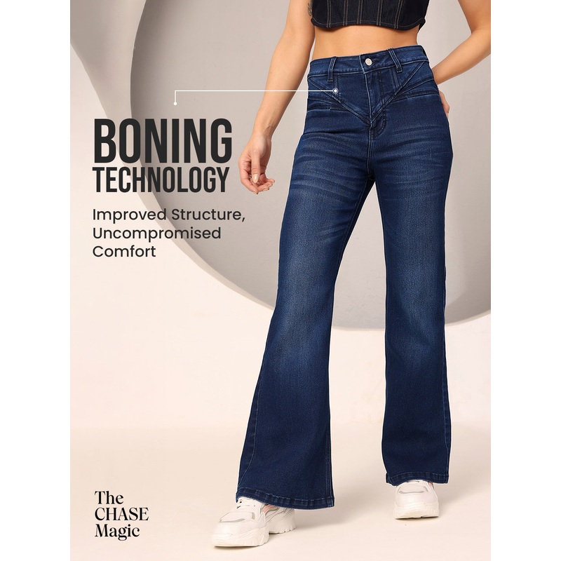 CHASEshape Women’s Navy Blue Bootcut High Rise Clean Look Regular-Length Stretchable Denim Shaping Jeans 26 Blue