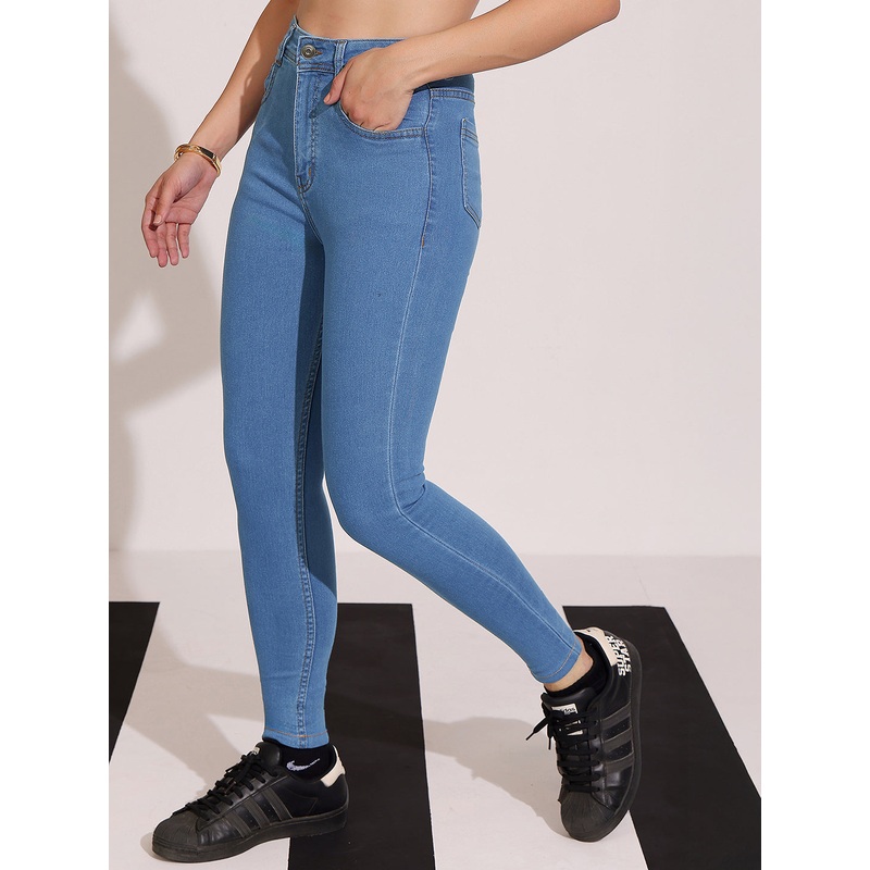 CHASEstretch Women’s Blue Solid Skinny High Rise Clean Look Cropped Fringe Detailing Solid Stretchable Denim Jeans 26 Blue