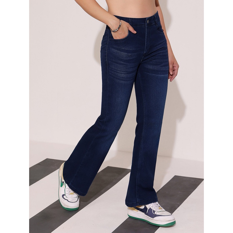 CHASEstretch Women’s Navy Blue High-Rise Clean-Look Regular-Length Stretchable Flared Denim Jeans 26 Navy Blue