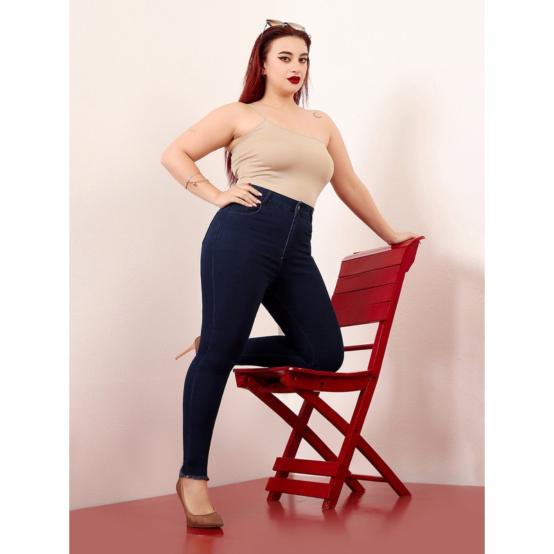 CHASEstretch Women’s Navy Blue Skinny High-Rise Solid Clean-Look Cropped Fringed-Hemline Stretchable Denim Jeans 26 Navy Blue