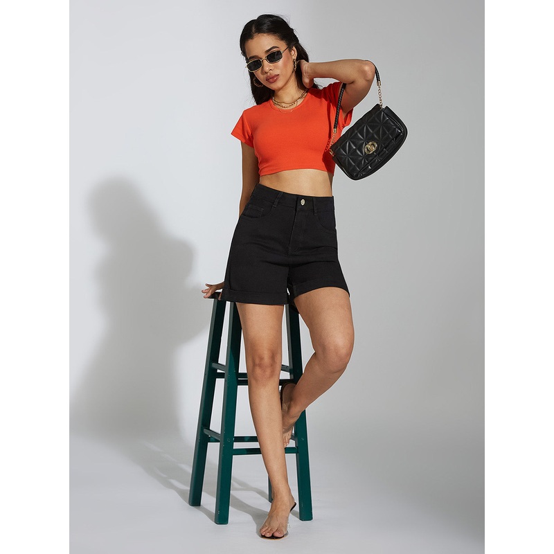 Women’s Black Flared High Rise Clean Look Regular Stretchable Denim Shorts 26 Black