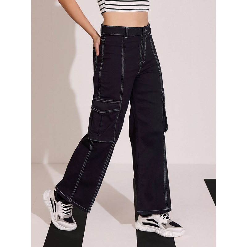 Women’s Black Wide-Leg High-Rise Clean-Look Regular-Length Stretchable Patch-Pocketed Denim Jeans 26 Black
