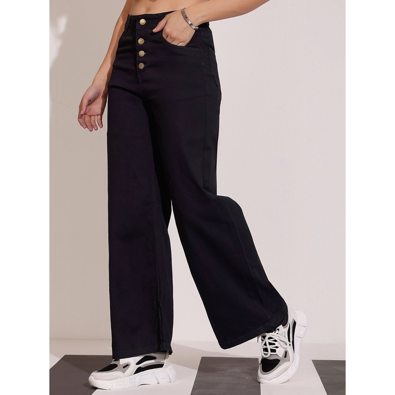 Women’s Black Wide Leg High Rise Clean Look Regular Stretchable Denim Jeans 26 Black