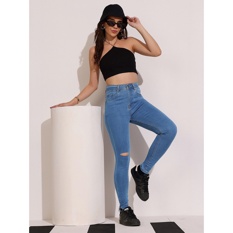 Women’s Blue Skinny High-Rise Distressed Regular Denim Jeans 26 Blue