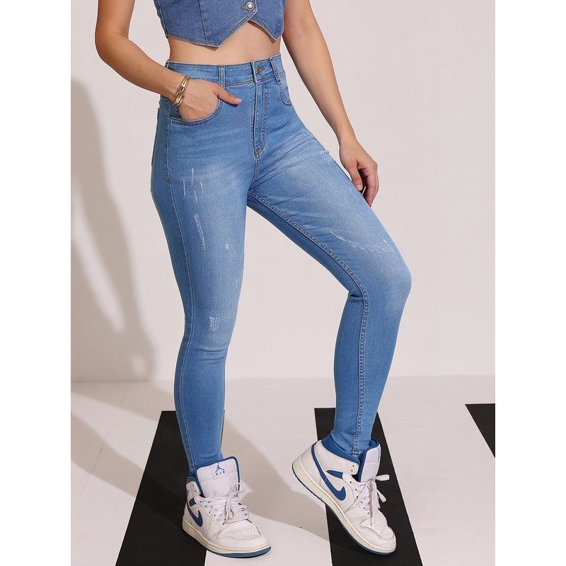 Women’s Blue Skinny High Rise Mild Distress Regular Stretchable Denim Jeans 26 Blue