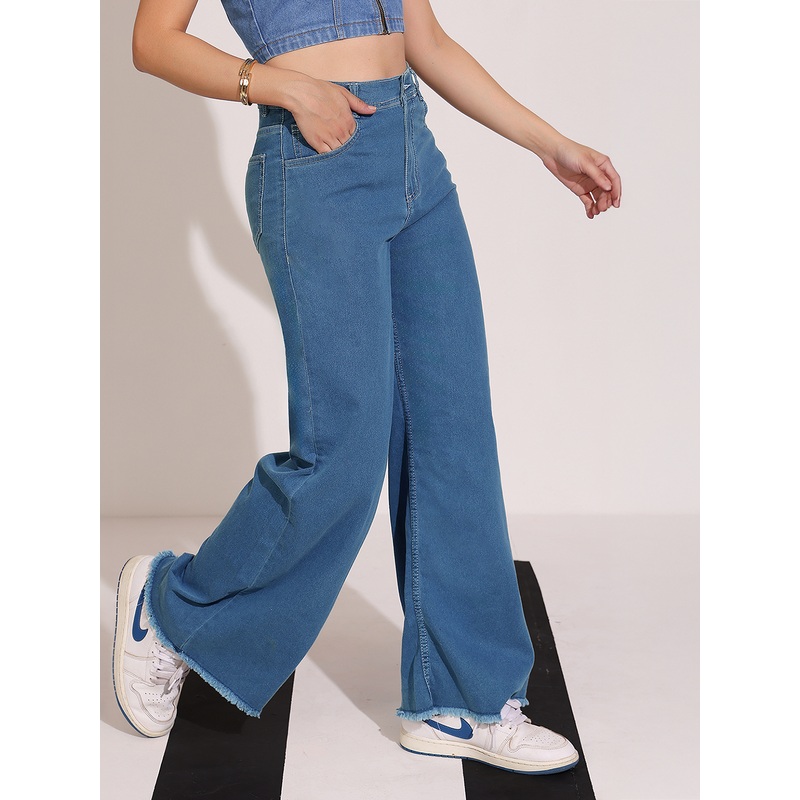 Women’s Blue Wide-Leg High-Rise Clean-Look Regular-Length Stretchable Denim Jeans 26 Blue