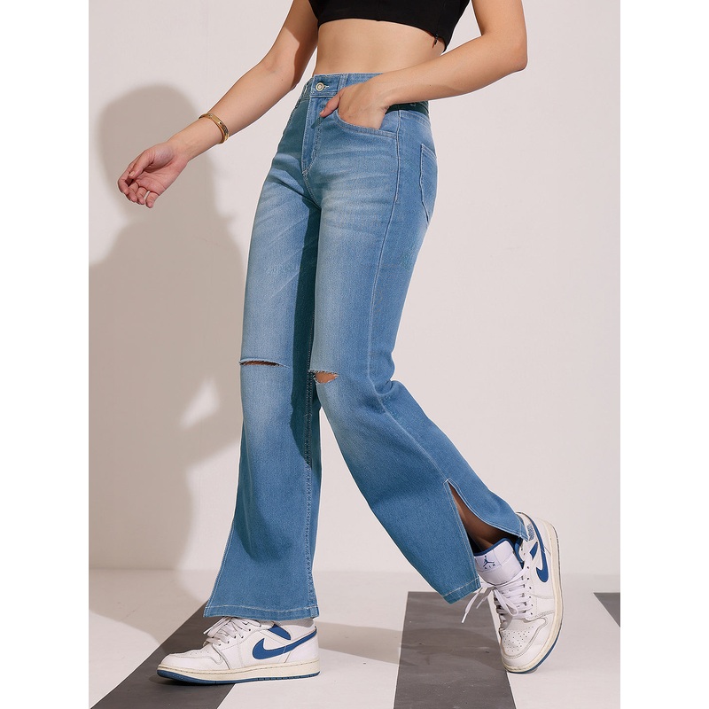 Women’s Blue Wide-Leg Relaxed Mid Rise Regular Length Denim Stretchable Jeans 26 Light Blue