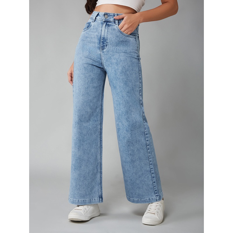 Women’s Light Blue Wide-Leg High Rise Clean Look Regular Stretchable Denim Jeans 26 Light Blue