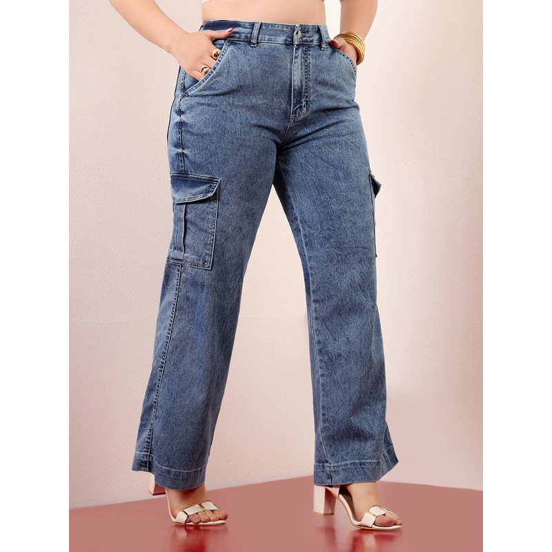 Women’s Light Blue Wide-Leg High-Rise Clean-Look Stretchable Flared Cargo-Style Denim Jeans 26 Light Blue