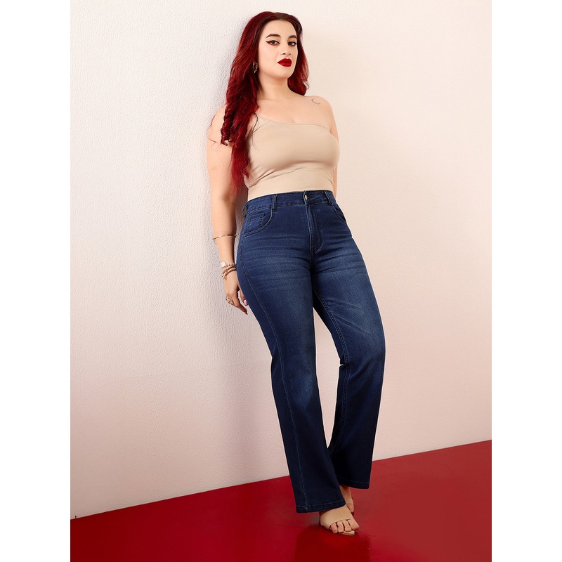 Women’s Navy Blue High-Rise Clean-Look Stretchable Bootcut Denim Jeans 26 Navy Blue