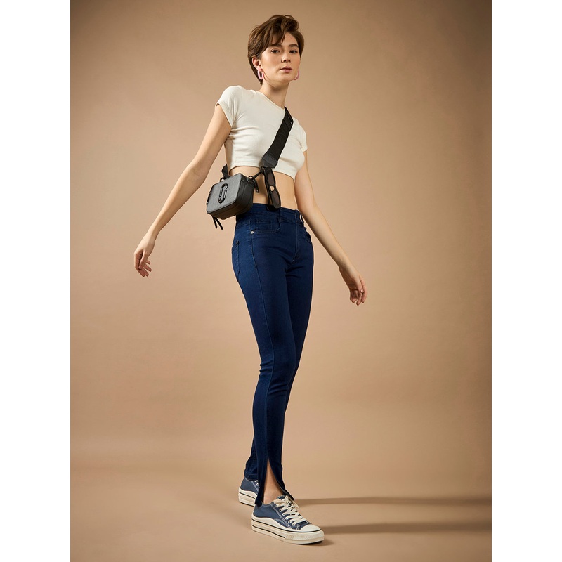 Women’s Navy Blue Skinny Fit Mid Rise Cropped Length Side Slit Denim Stretchable Jeans 26 Navy Blue