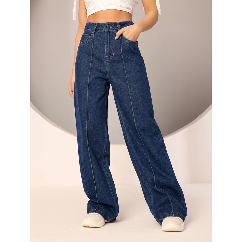 Women’s Navy Blue Wide-Leg High-Rise Clean-Look Regular-Length Non-stretchable Denim Jeans 26 Navy Blue
