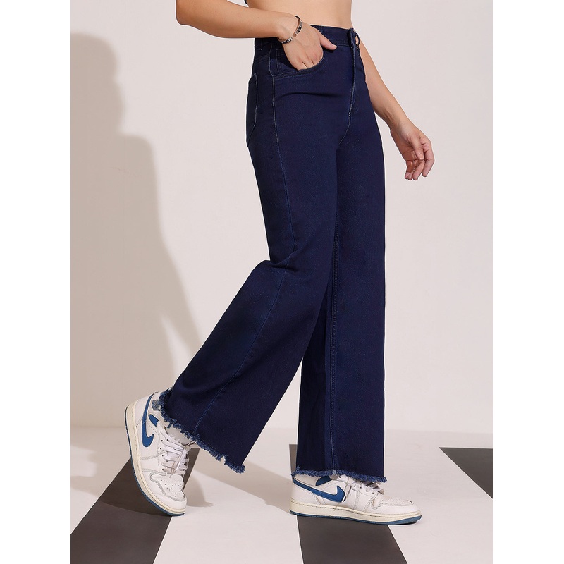Women’s Navy Blue Wide-Leg High-Rise Clean-Look Regular-Length Stretchable Denim Jeans 26 Navy Blue