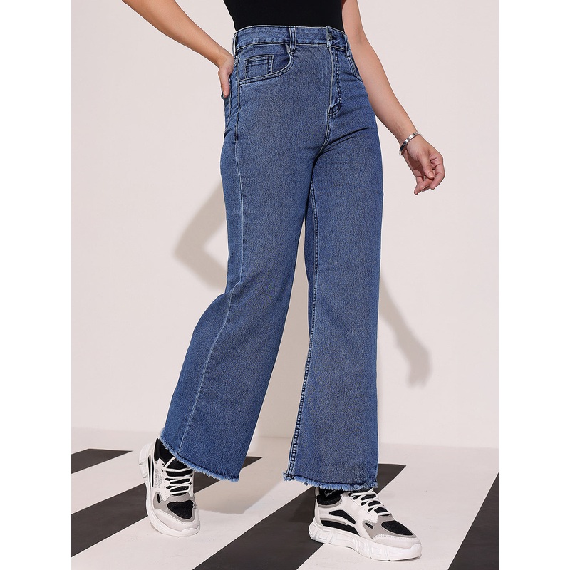 Women’s Navy-Blue Wide-Leg High Rise Regular-Length Stretchable Denim Jeans 26 Navy Blue