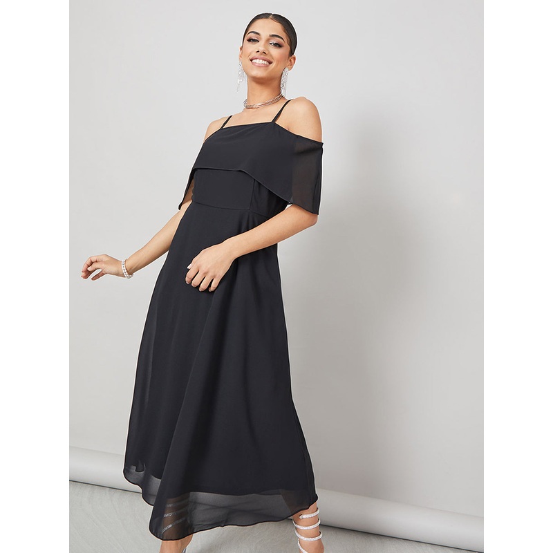 Women’s Black Bardot Style Sleeveless Spaghetti Strap Solid Off Shoulder Midi Skater Dress XS Black