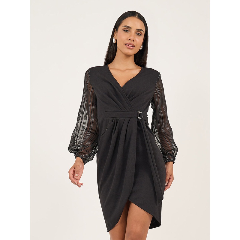 Women’s Black Solid V Neck Bishop Sleeves Front Pocketed Polyester Wrap Knee-Length Dress XS Black