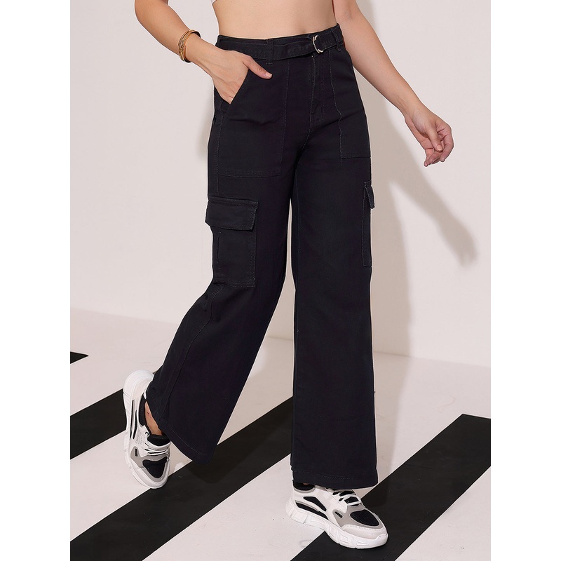 Women’s Black Wide leg High rise Clean look Regular Stretchable Denim Jeans 24 Black