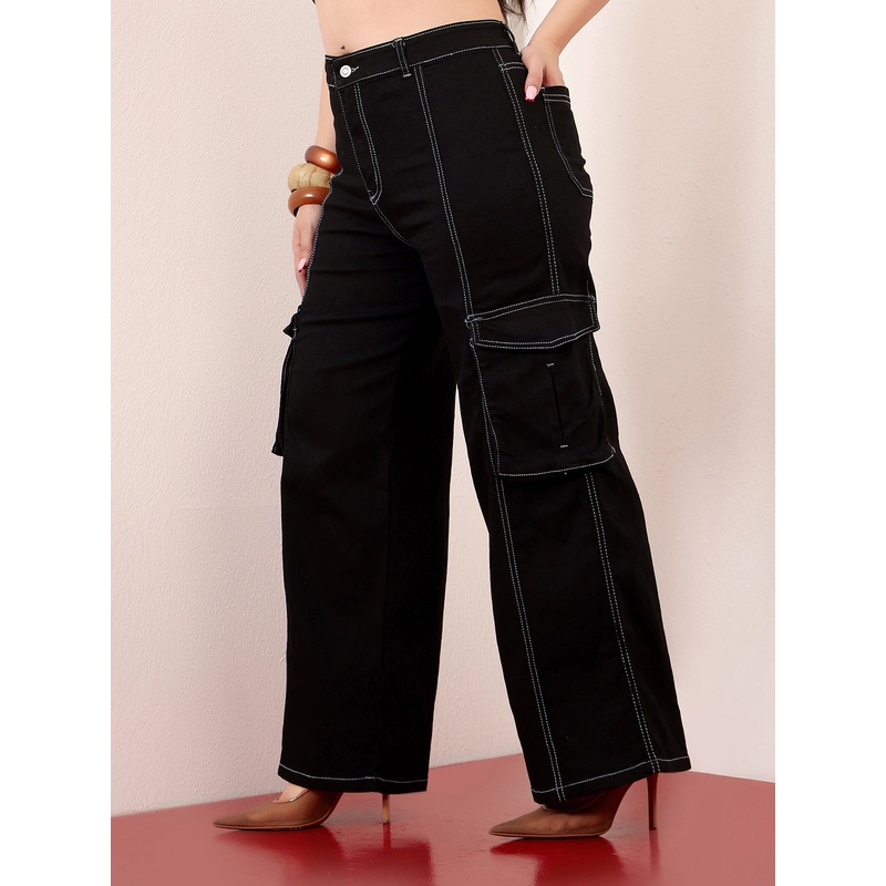 Women’s Black Wide-Leg High-Rise Clean-Look Stretchable Patch-Pocketed Denim Jeans 26 Black