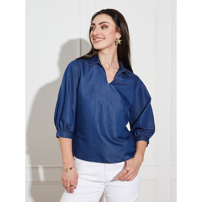 Women’s Dark Blue Collar-Neck Puff-Sleeve Solid-Colored Light Weight Denim Tunic Top XS Blue