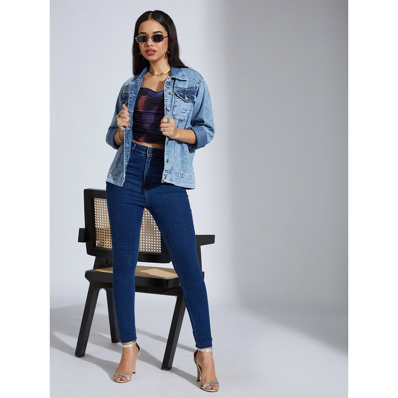 Women’s Light Blue Collared Full Sleeve Solid Embellished Regular Length Denim Jacket XS Blue