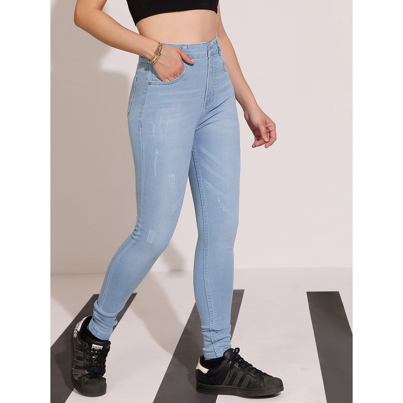 Women’s Light Blue Skinny High-Rise Mild Distress Regular Stretchable Denim Jeans 26 Blue